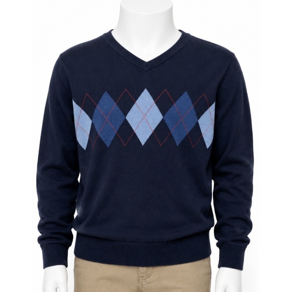 THE PLACE Boys Navy Argyle Sweater Size Large L 10 12 Long Sleeve V Neck Preppy